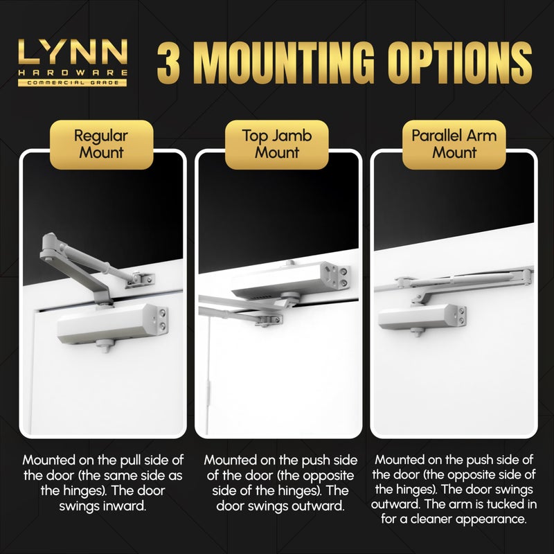 LYNN HARDWARE Light Duty Automatic Door Closer (Silver) - Highly Durable Cast Aluminum, Commercial or Home Use, Adjustable Speed Controls, 3 Mounting Options, 3 Hour Fire Rated (DC5003 Model) - Image 4